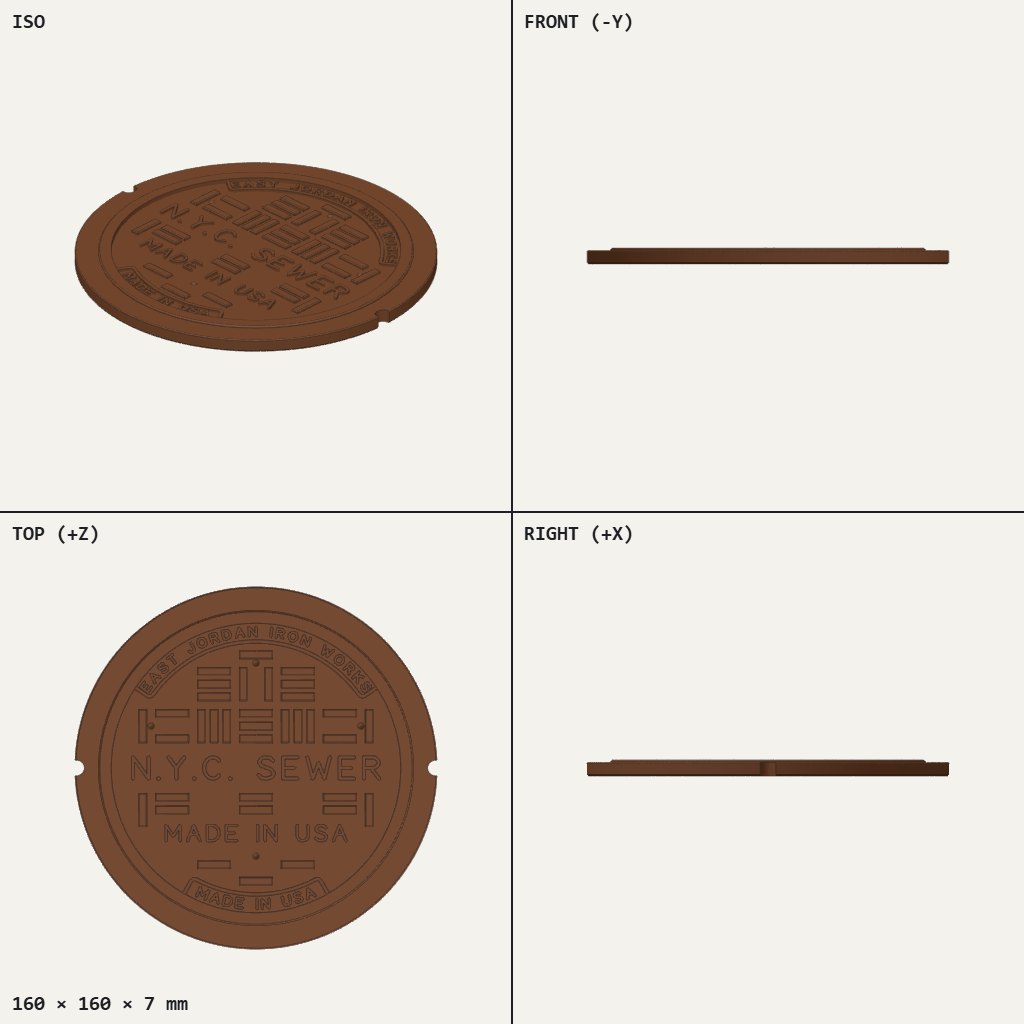 Round brown manhole cover replica with raised N.Y.C. SEWER lettering and bar patterns
