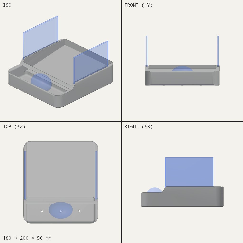 Shallow square tray with a sloped floor, a deeper front tray and two thin side panels standing in slots