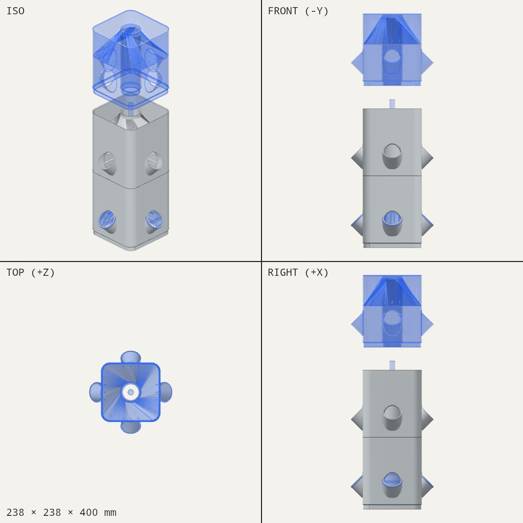 Tall square tower of stacked modules with round cup pockets on each side and a funnel-topped lid above