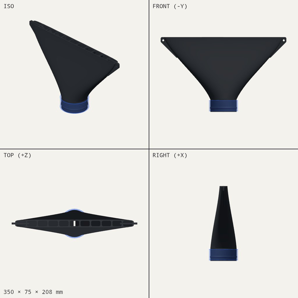 Black funnel that flares from a short round neck into a long, flat outlet with a row of holes