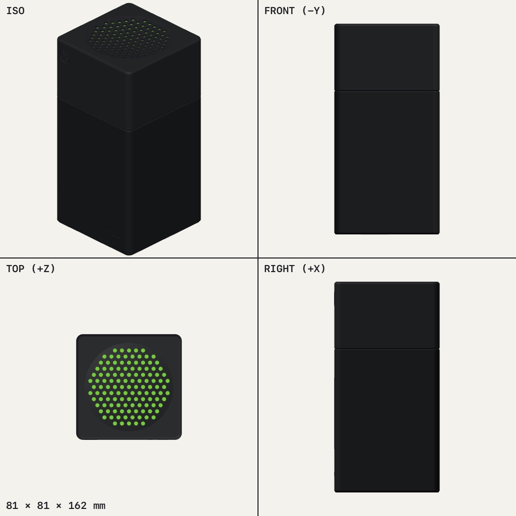 Tall black square tower with a split lid and a round grille of green dots on top
