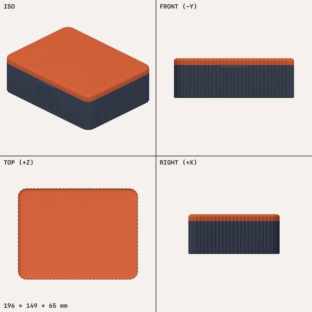 Rounded rectangular box with an orange lid on a dark ribbed base