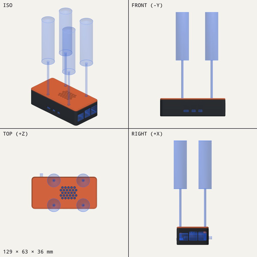 Dark box with an orange vented lid, port openings at one end, and four antenna tubes rising above it