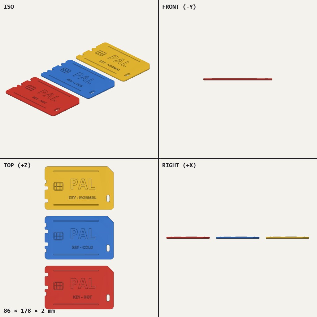 Three flat keycards in red, blue and yellow, each with a chip, PAL lettering and a slot at one end