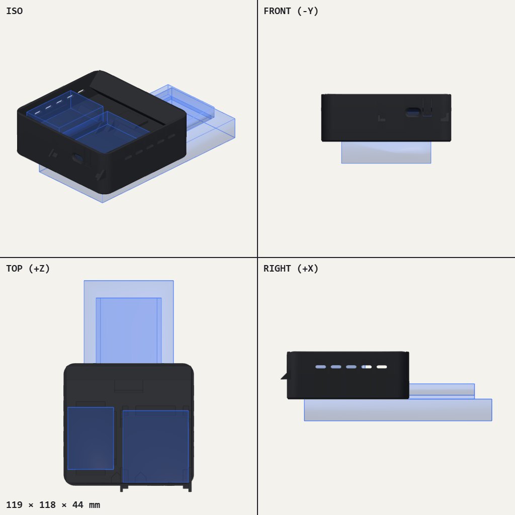Dark square box with two open bays on top, vent slots on the side and a rail slot for a battery