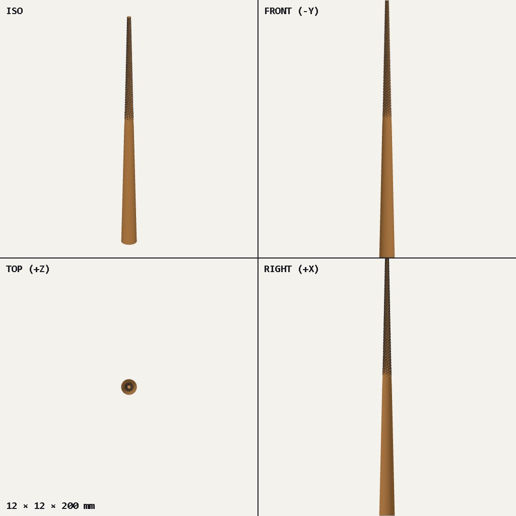 Long thin tapered rod, plain at the thick base with spiral grooves along the upper half
