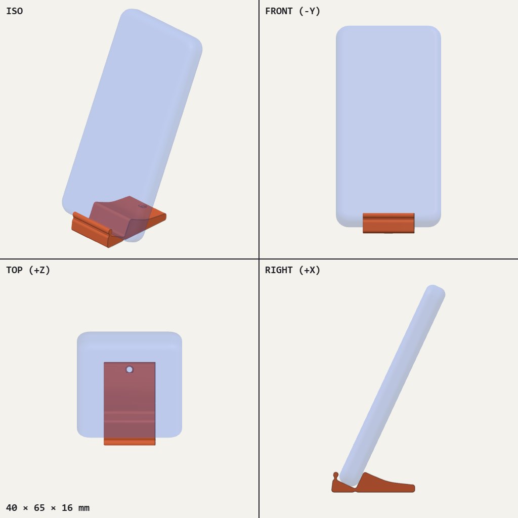 Low flat wedge stand with a lip, holding a phone leaning back at a steep angle