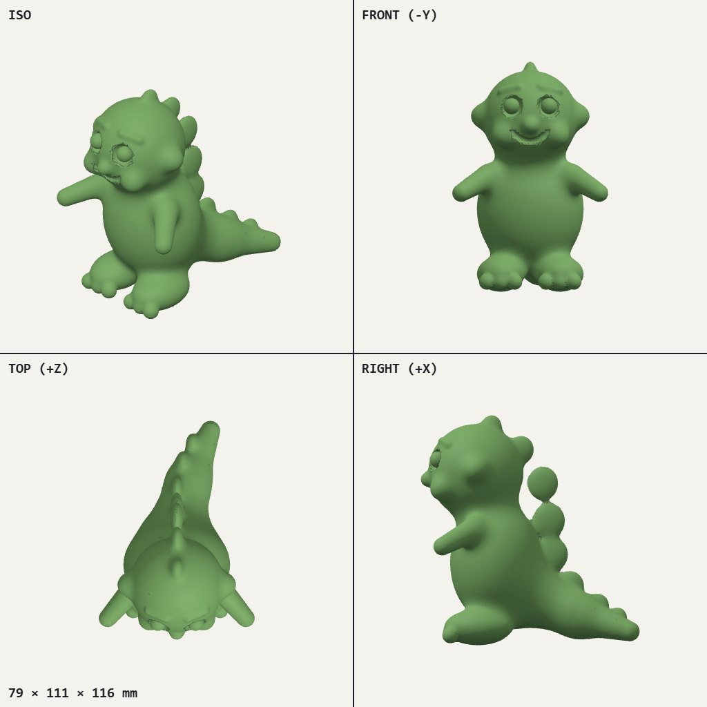 Chubby cartoon dinosaur with a smiling child's face, small arms, spiky back and a thick tail