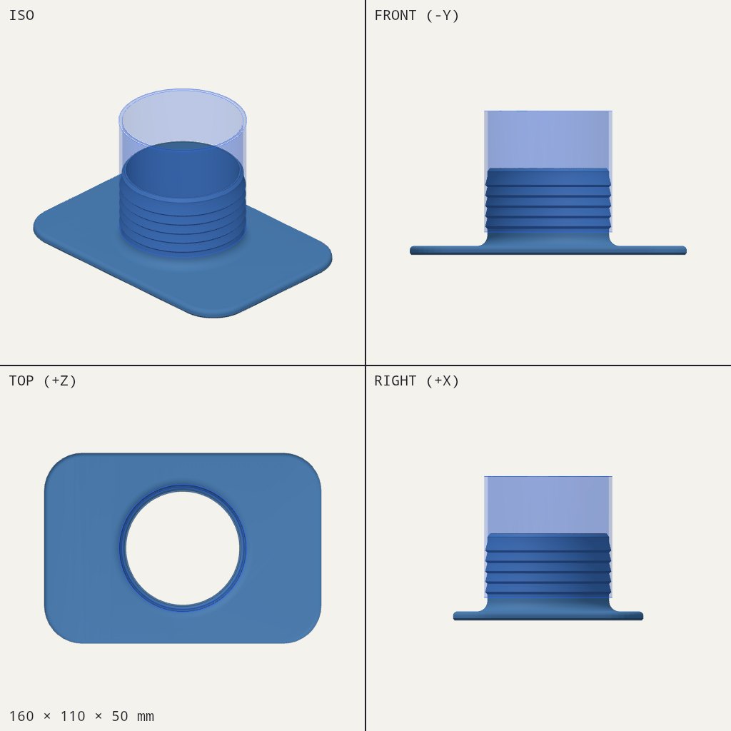 Flat rounded rectangular plate with a ribbed round spigot rising from the middle