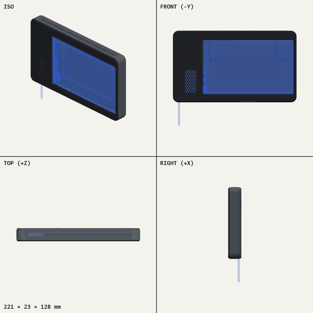 Thin dark rectangular panel with a screen cut-out, a round mesh patch and a power lead hanging below