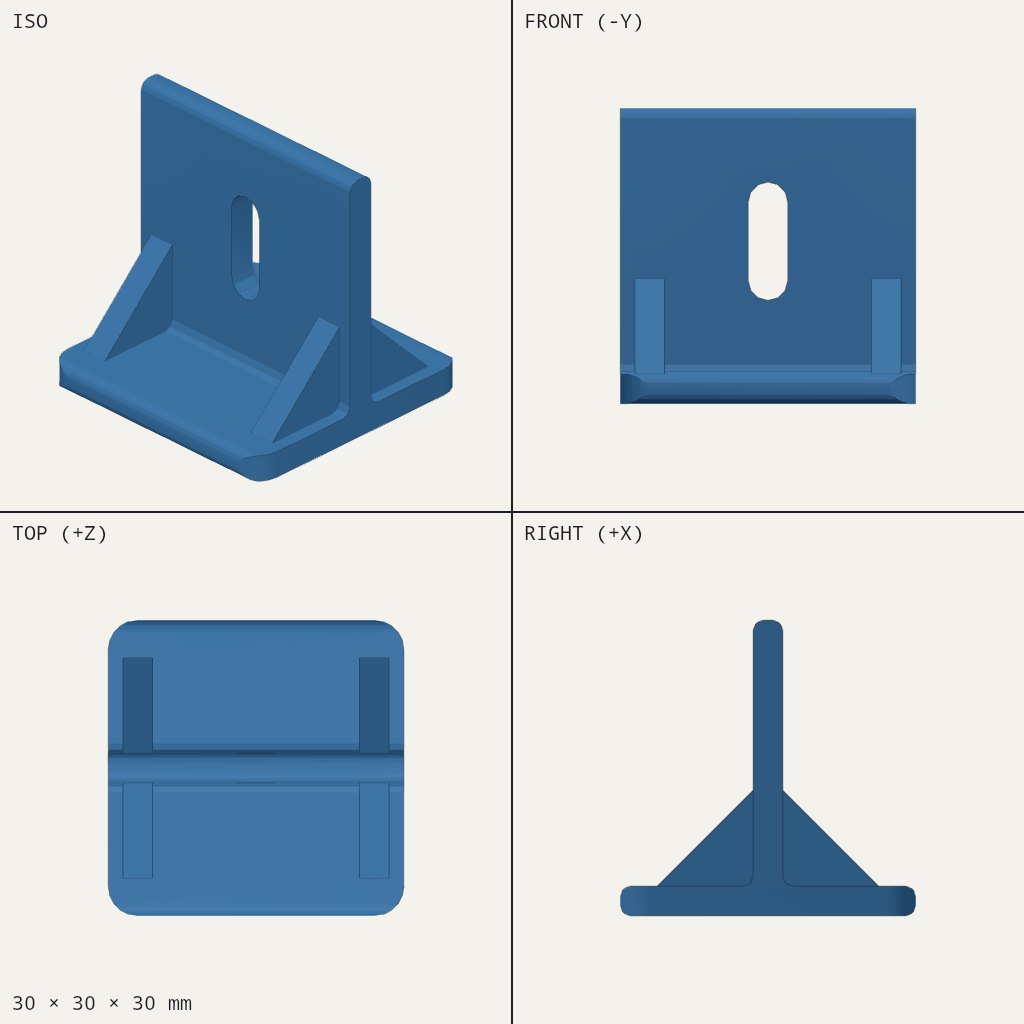 Small blue T-shaped bracket with a flat base, an upright fin with a tall slot, and two triangle braces