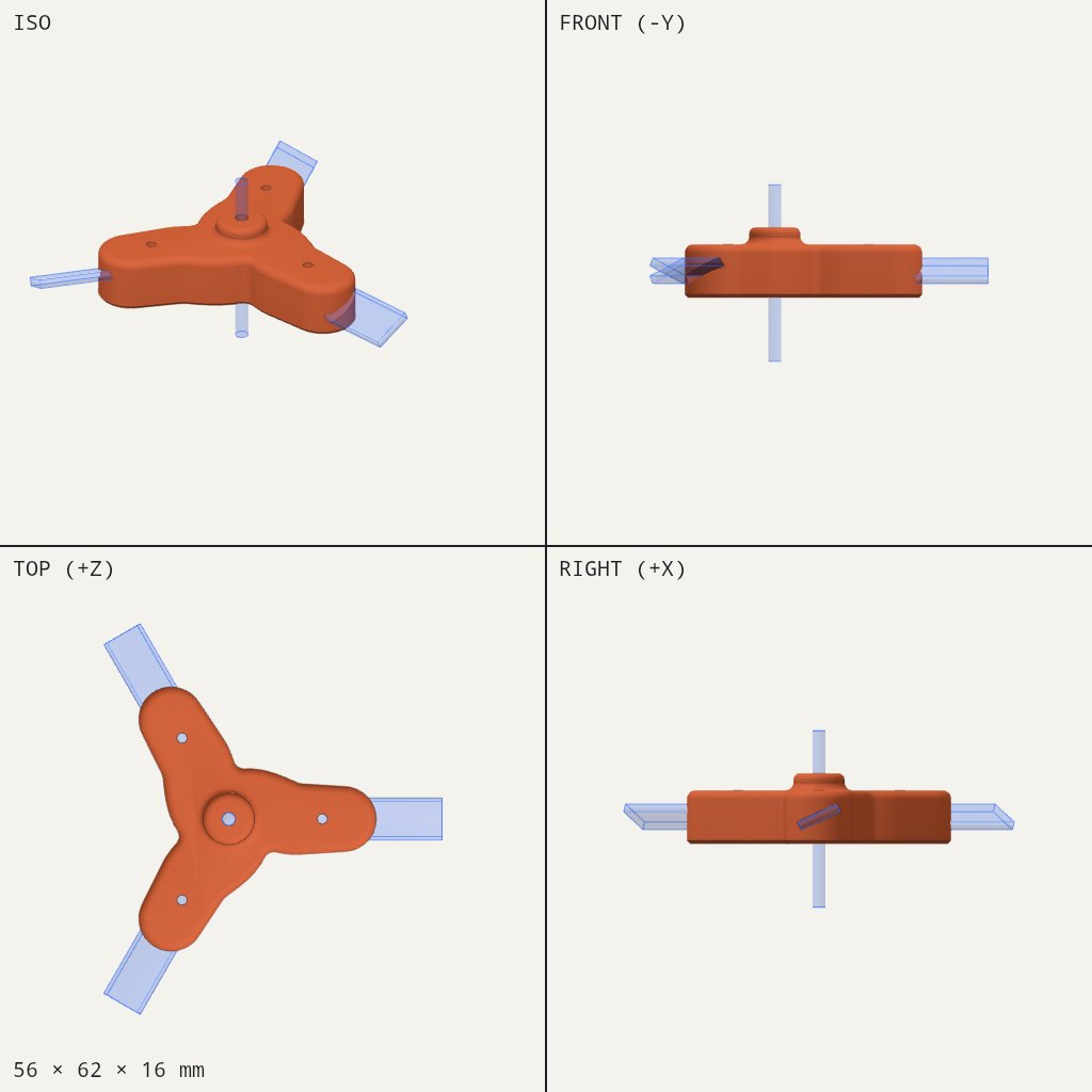 Orange three-armed hub with a raised round collar in the centre and small holes along each arm