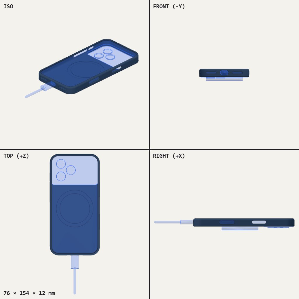 Dark blue phone case seen from the back, with a camera cutout, a round magnet ring and a charging cable at the bottom