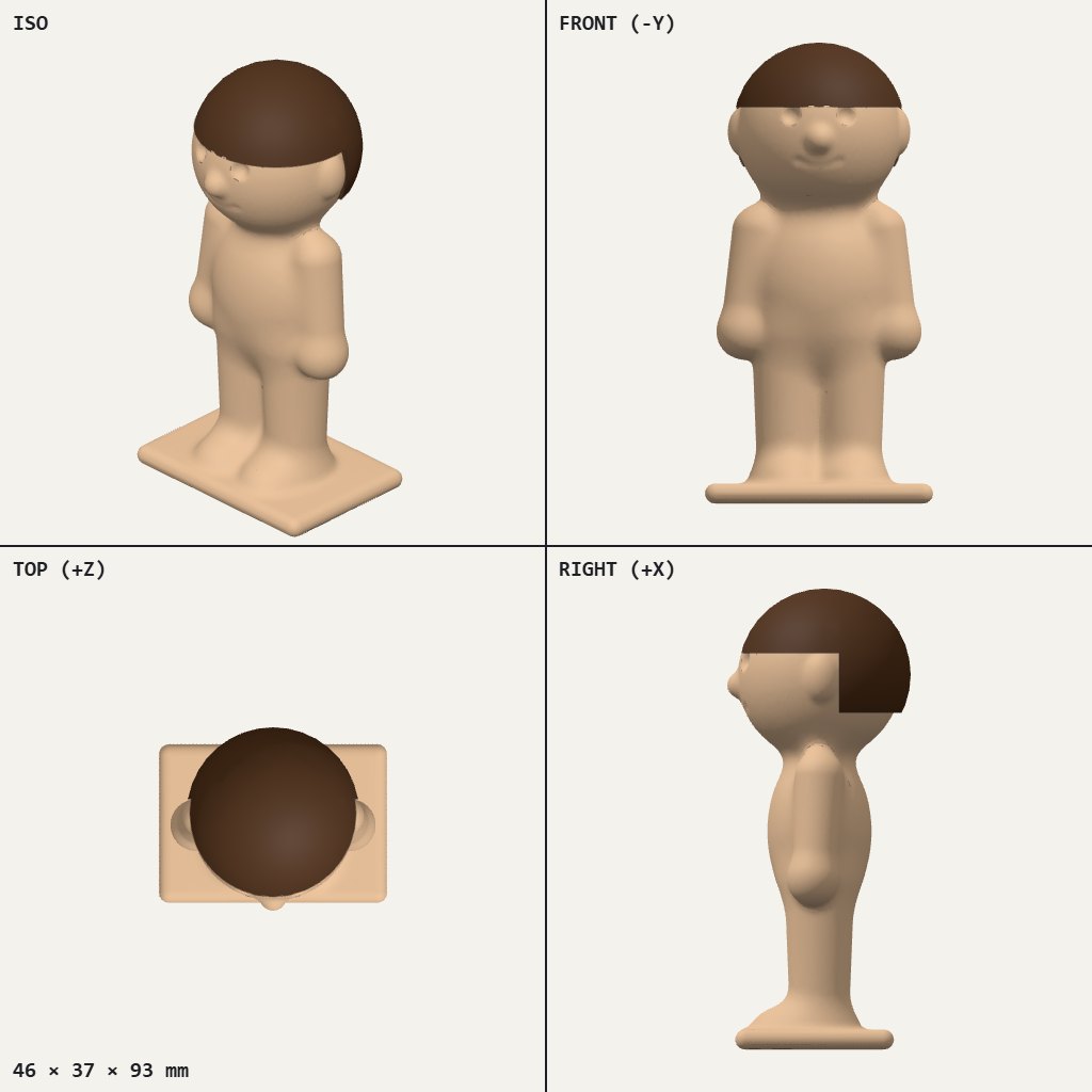 Small standing figure with a brown bowl-cut fringe and a smile, arms at his sides, on a flat square base