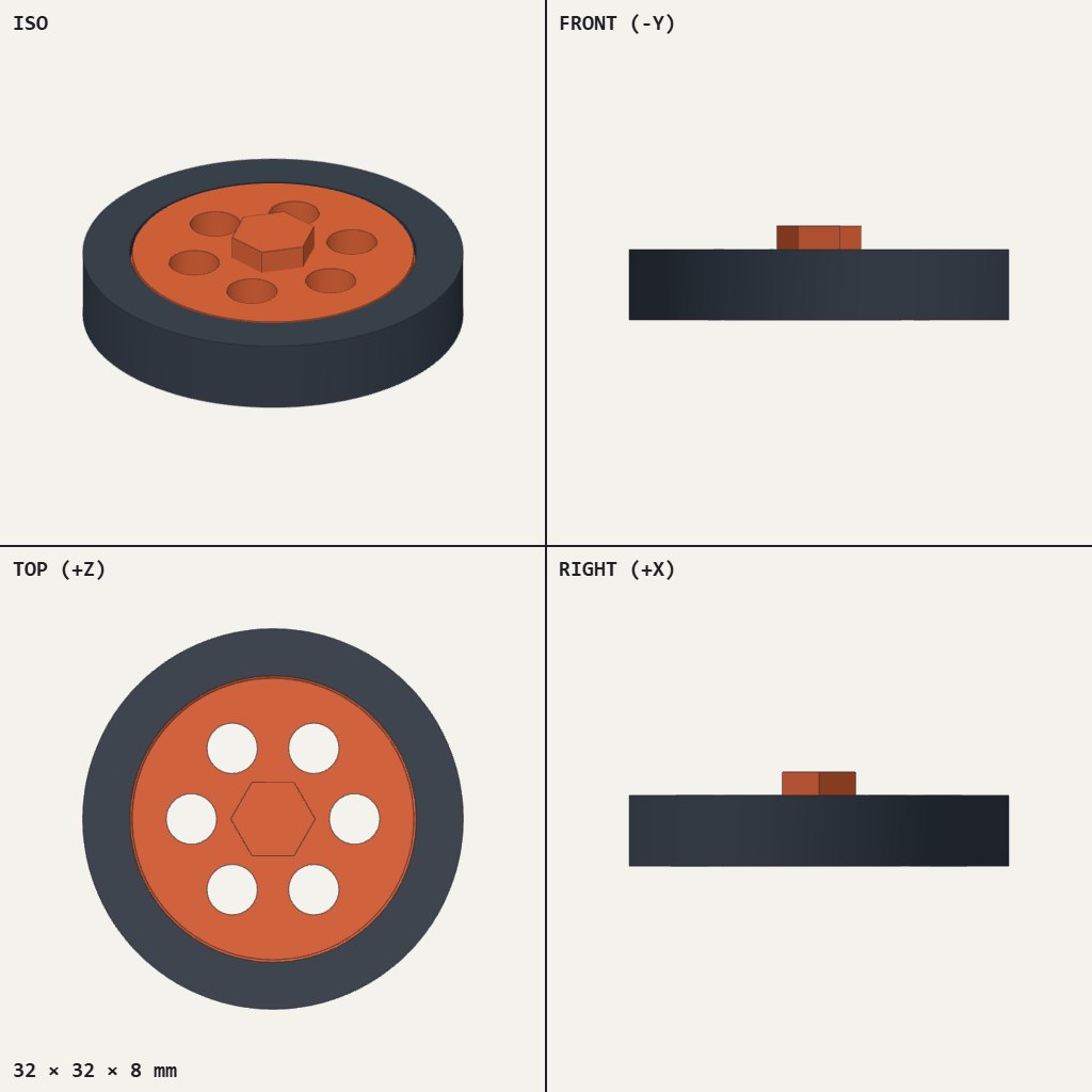 Round dark ring holding a spinning orange disc with six holes and a small hex bump at the centre
