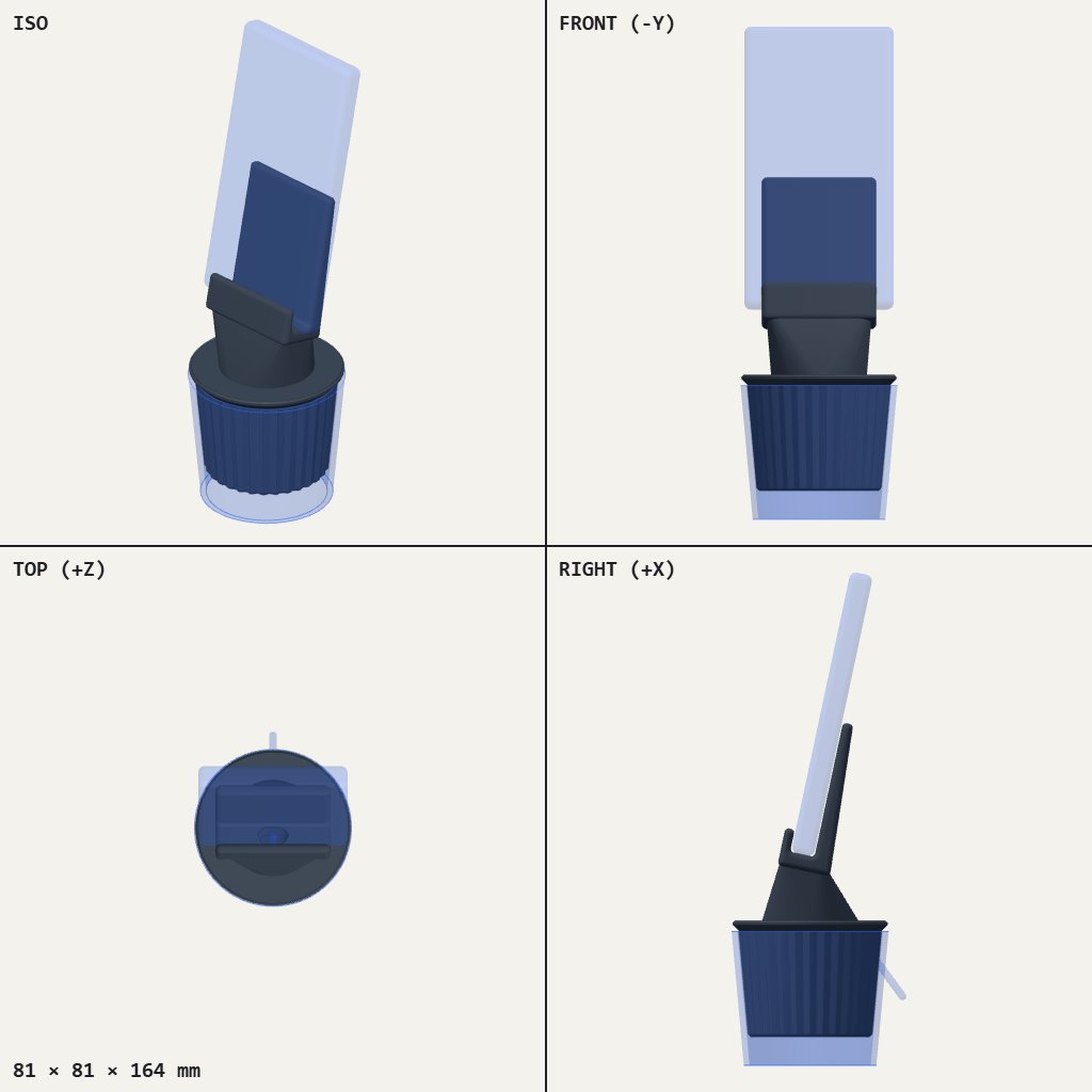 Round plug with ribbed sides and a tilted cradle on top, holding a phone leaning back
