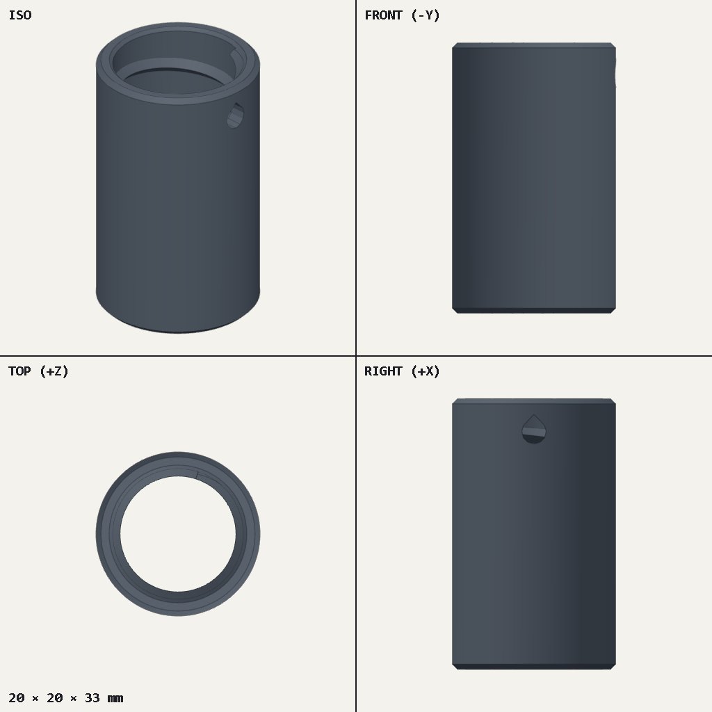 Short round tube with a spiral ridge inside and a small round hole in the wall near the top