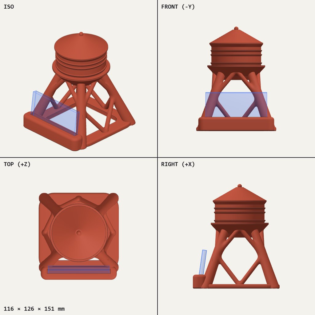 Rust-red water tower on lattice legs with a thin card slot along the front of its base