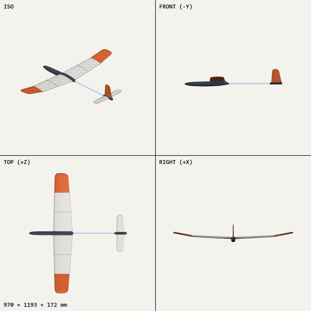 Small glider with long white wings, orange tips, a dark nose pod and a thin boom to the tail