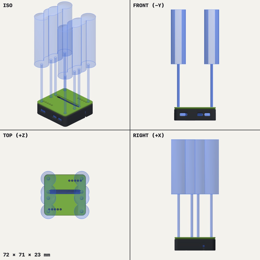 Low dark case with a green lid, slotted in the middle, with port cutouts along the sides and hex vent holes