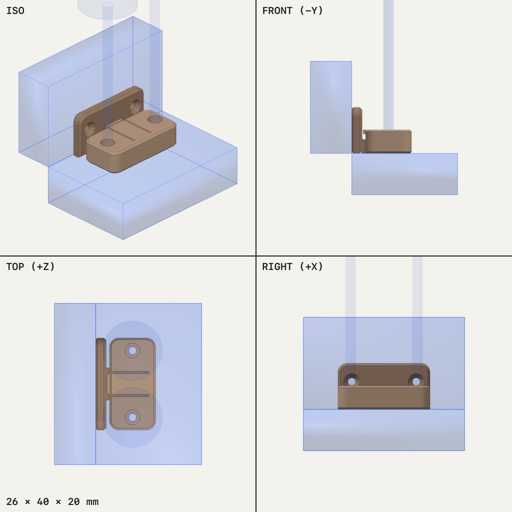 Two small brown brackets, one upright and one flat, meeting at a right angle with screw holes