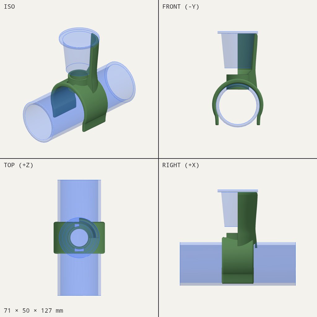 Green clip wrapped around a horizontal pipe with a net cup standing on top, held by a tall arm