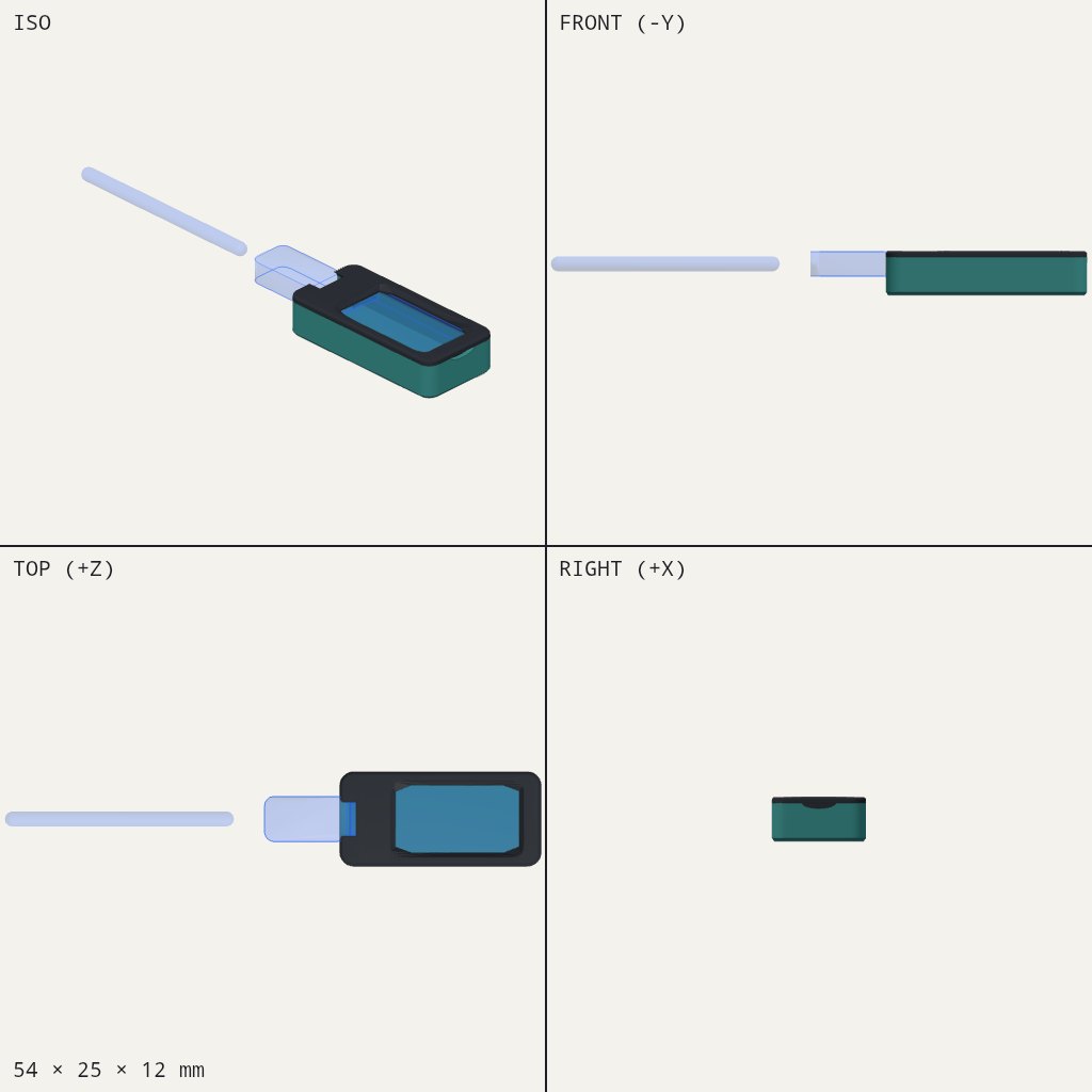 Small flat teal case with a dark lid and a screen window, a USB-C plug lined up at one end