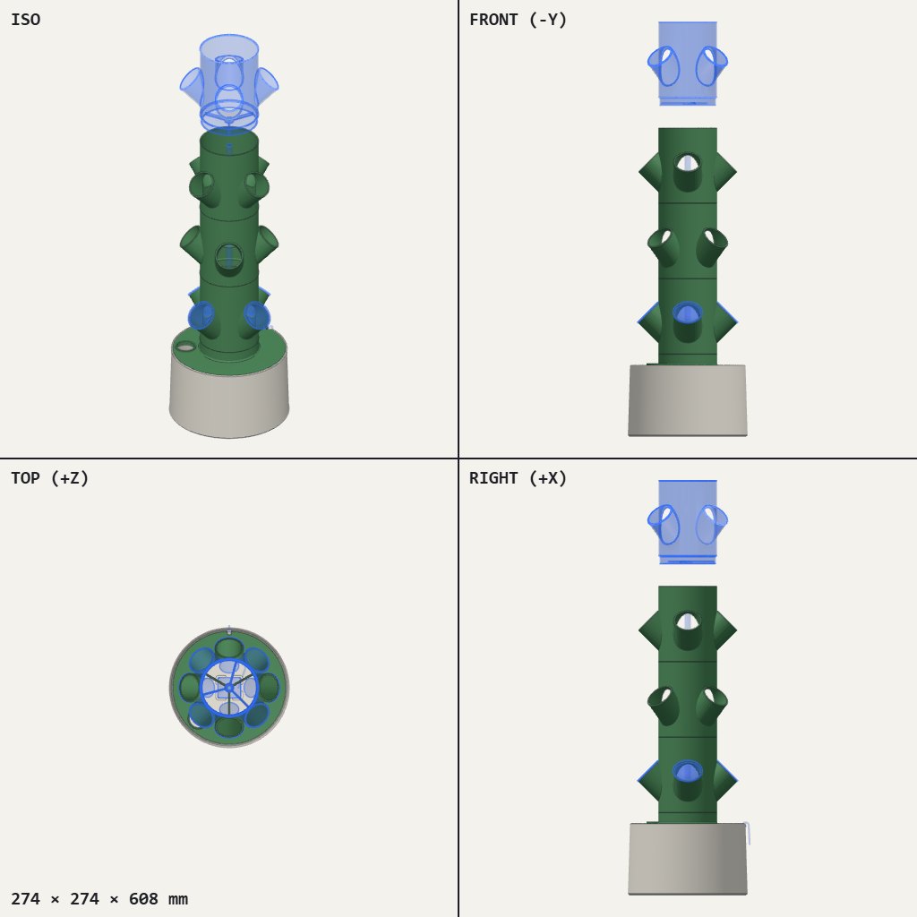 Tall green tower with angled cup ports on each level, standing on a wide round grey reservoir base