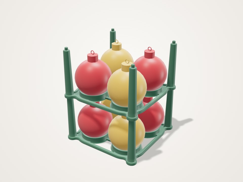 Two stacked green trays on corner posts, each cup holding a red or gold bauble