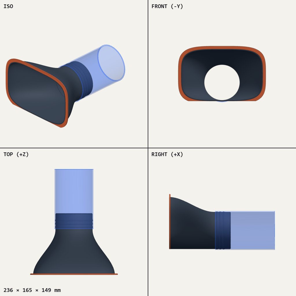 Wide rectangular funnel with a thin orange rim narrowing to a ridged round collar for a hose