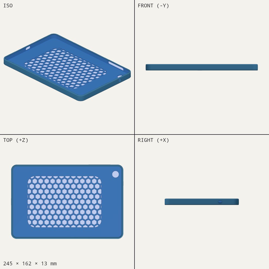 Flat rounded tablet case with a honeycomb panel cut into the back and a round camera hole in one corner