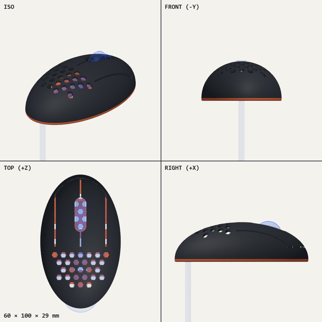 Dark oval mouse shell with honeycomb holes at the back, a wheel slot, and two thin button splits