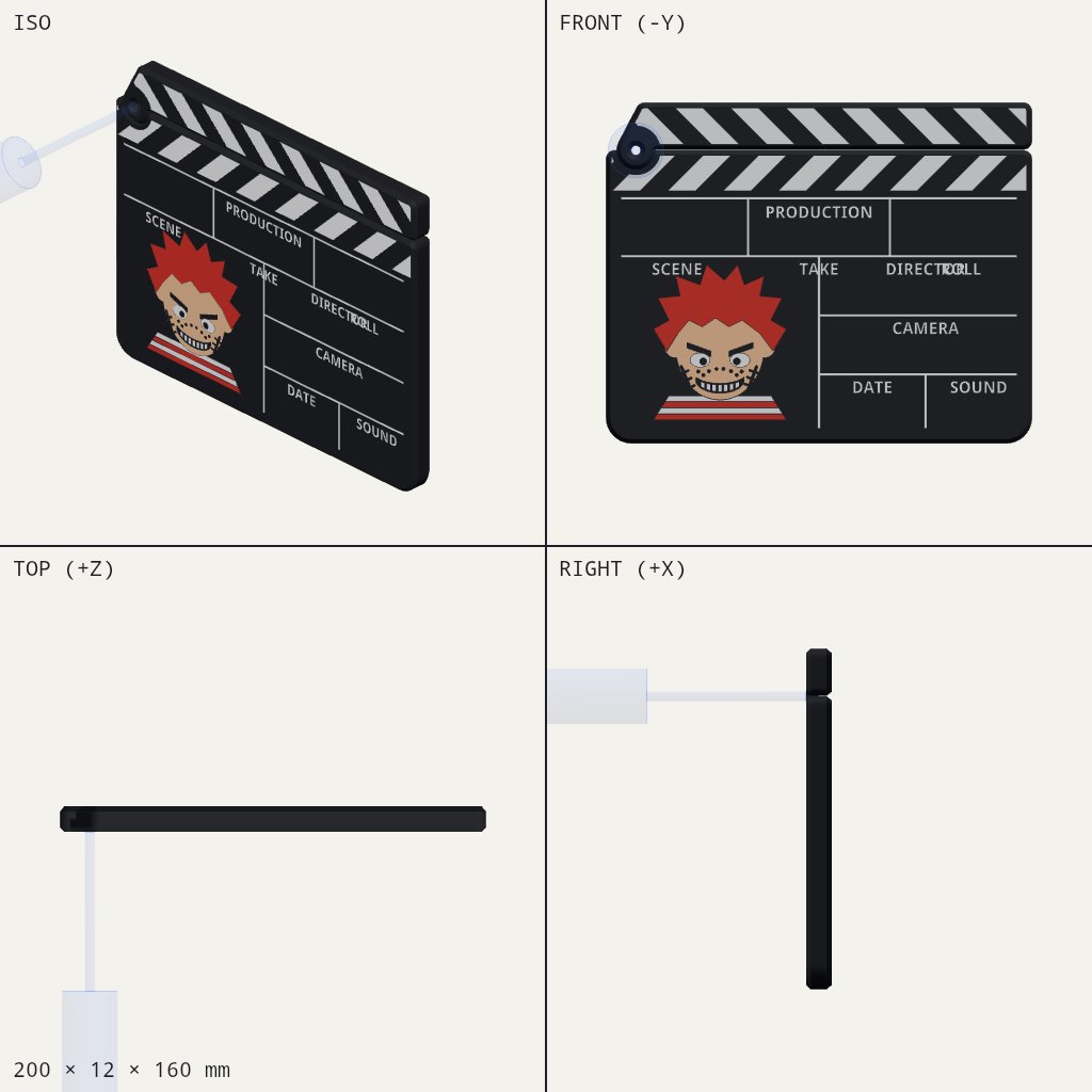 Black clapperboard with striped hinged clapstick, labelled boxes and a grinning red-haired face