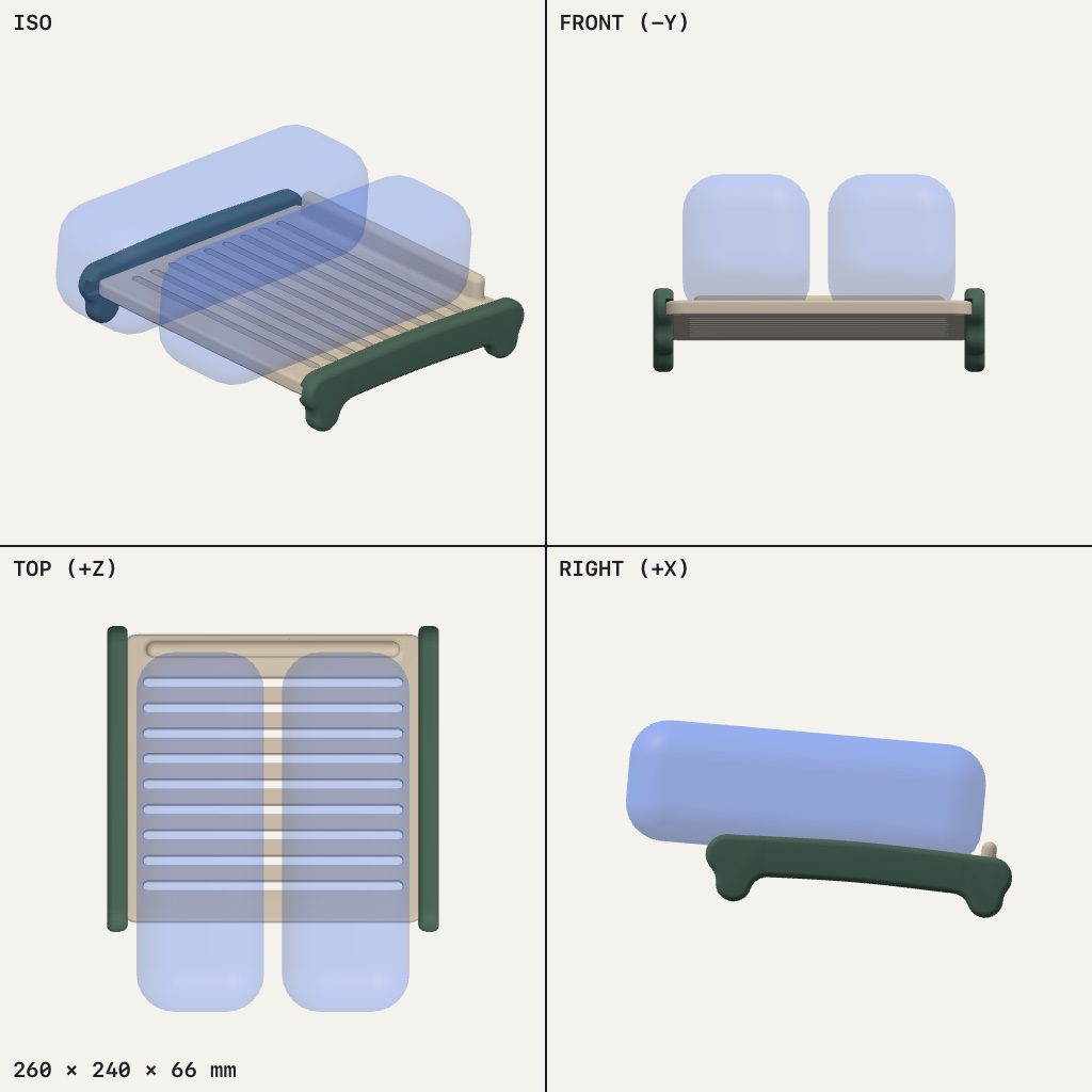 Low slatted shoe rack with two curved green legs, holding two shoes side by side