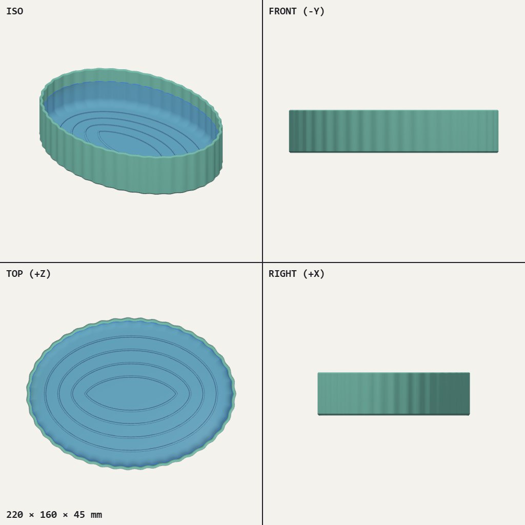 Wide oval dish with a rippled edge and concentric oval rings on the floor