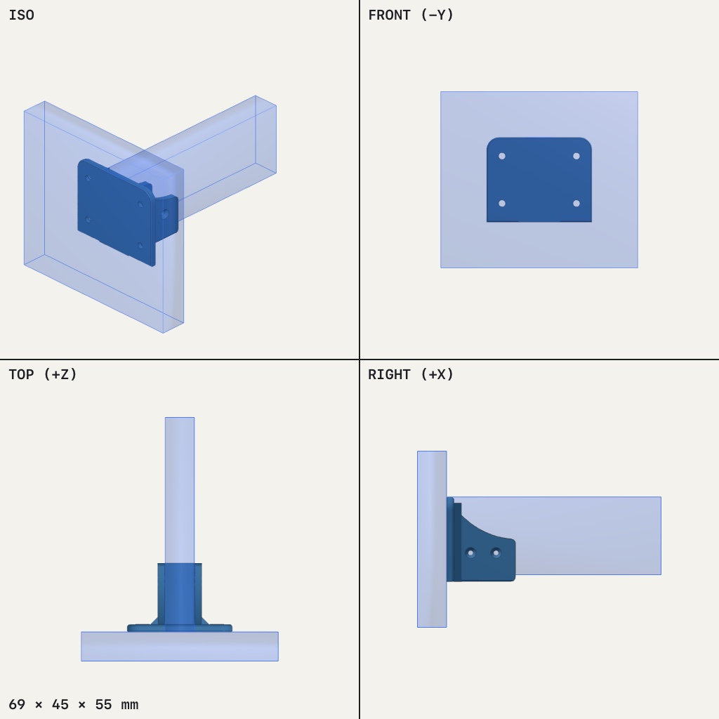 Small blue wall plate with four screw holes and a short cradle arm sticking out to hold a board