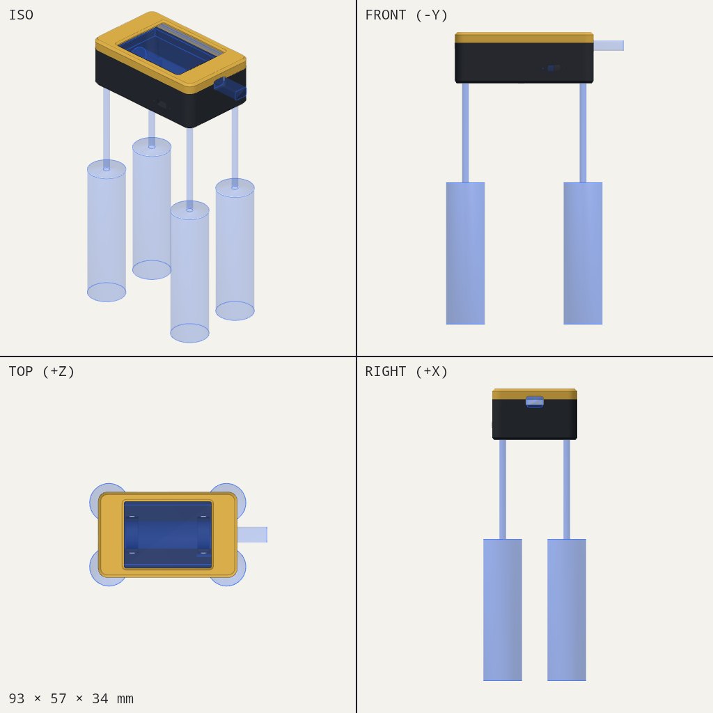 Low rectangular case with a gold lid, a screen opening and a small notch on one side