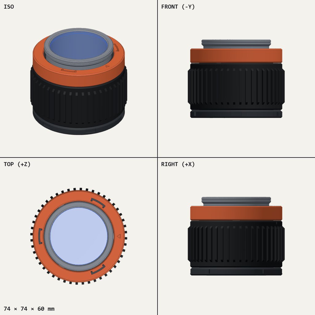 Short round lens barrel with a ridged black ring, an orange cap and a grey glass holder on top