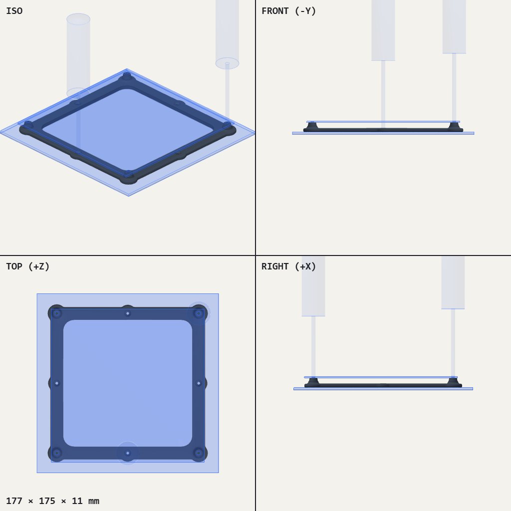 Flat square dark frame with small raised standoffs at the corners and edges, on a thin base plate