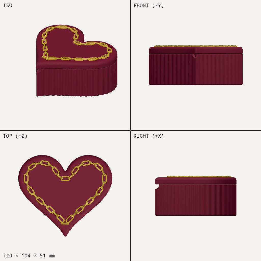 Burgundy heart-shaped box with ribbed sides and a gold chain laid around the edge of the lid