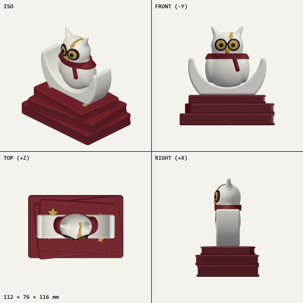 White owl with round glasses and red scarf resting in a crescent moon on a stack of red books