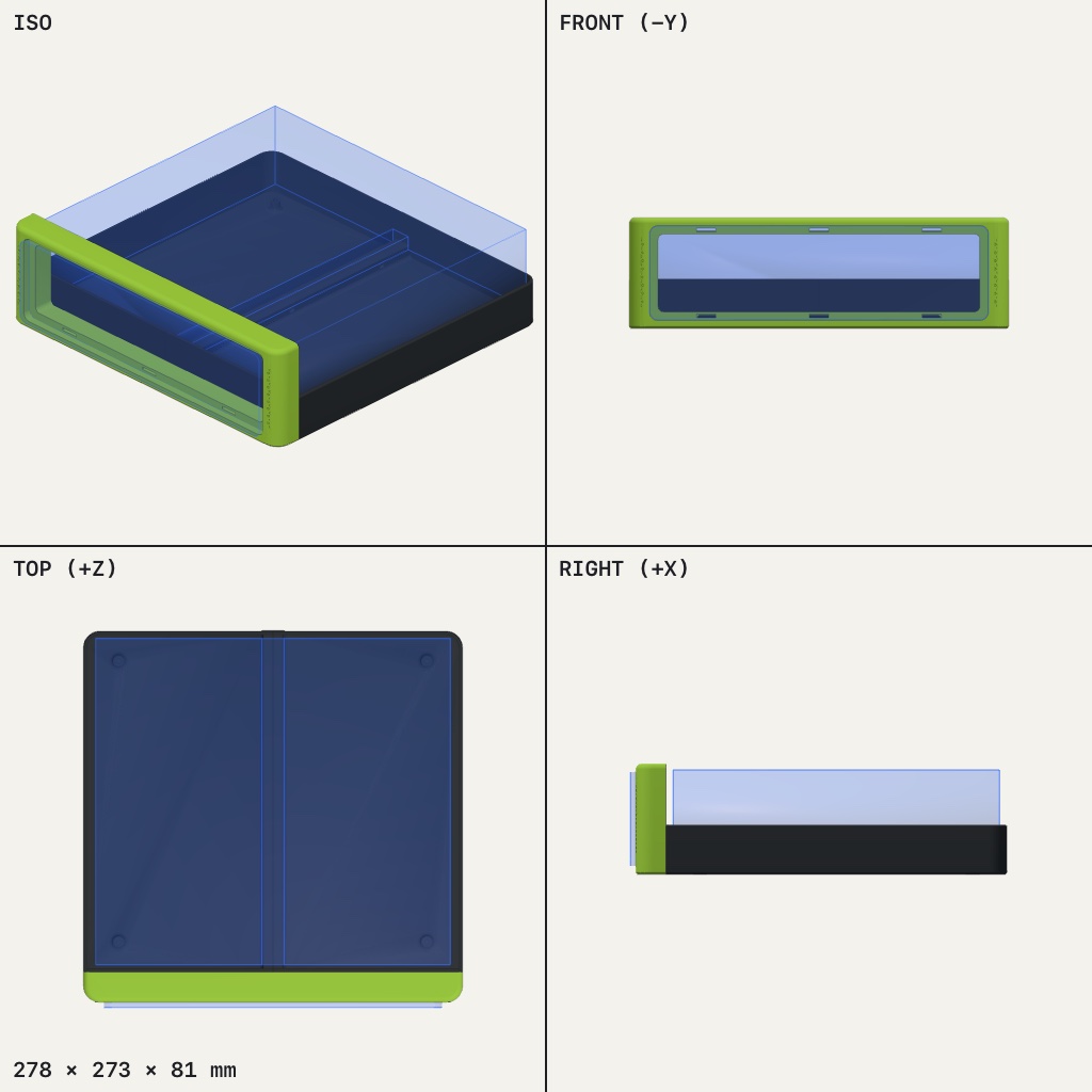 Low square console case in dark grey with a green rectangular faceplate frame at the front