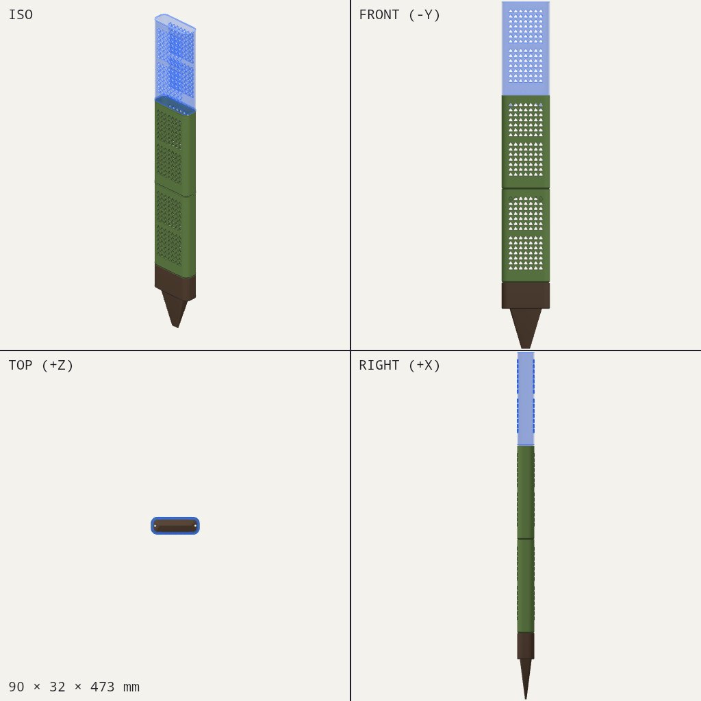 Tall flat pole made of stacked green grid-walled sections on a pointed brown spike