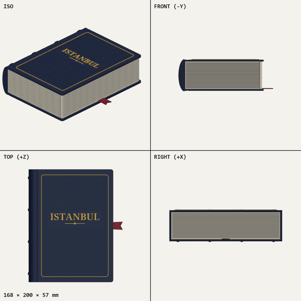 Dark blue hardback book box with a gold border, ISTANBUL on the cover, a banded spine and a red ribbon