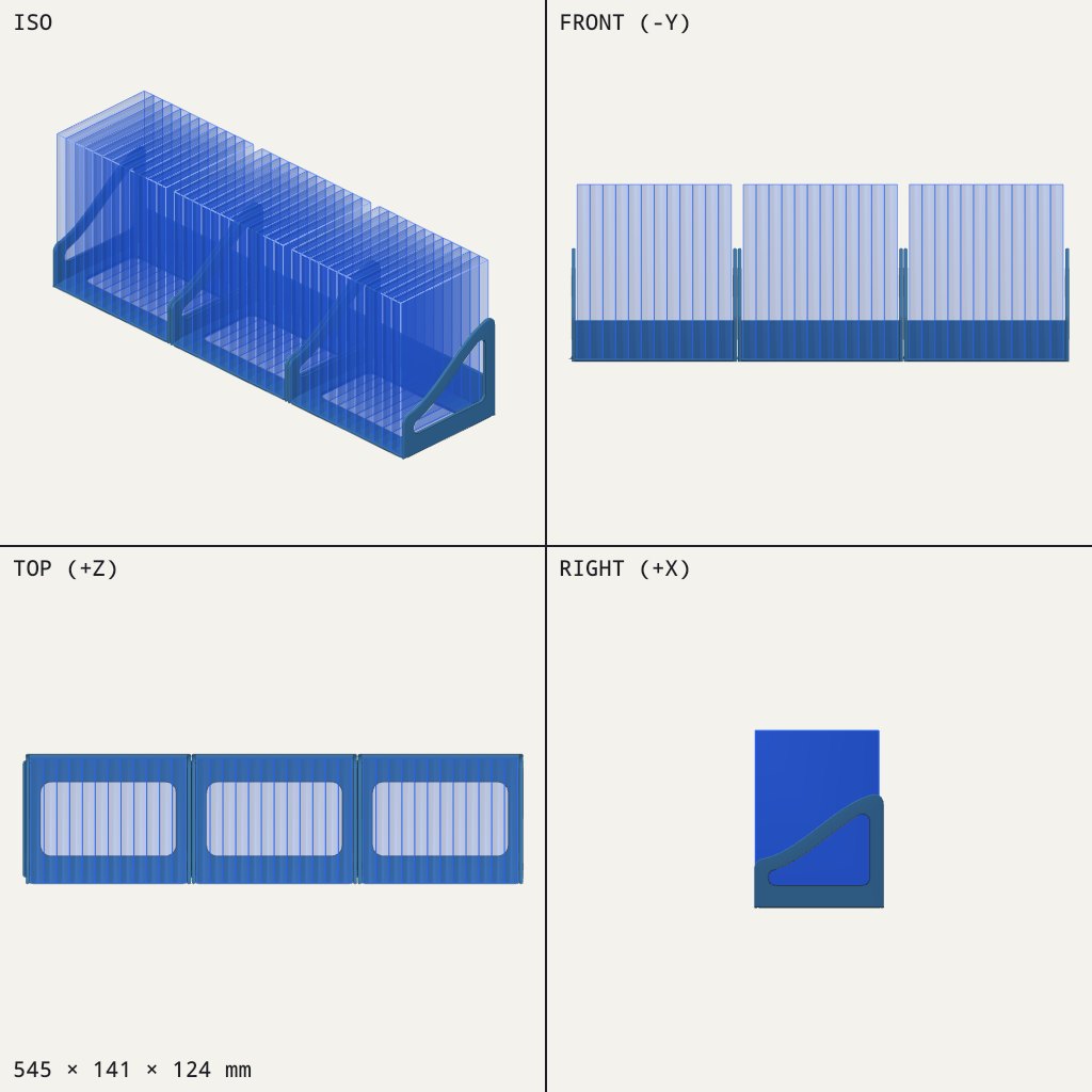 Three low blue trays in a row, each with curved side walls and slim slots holding DVD cases upright