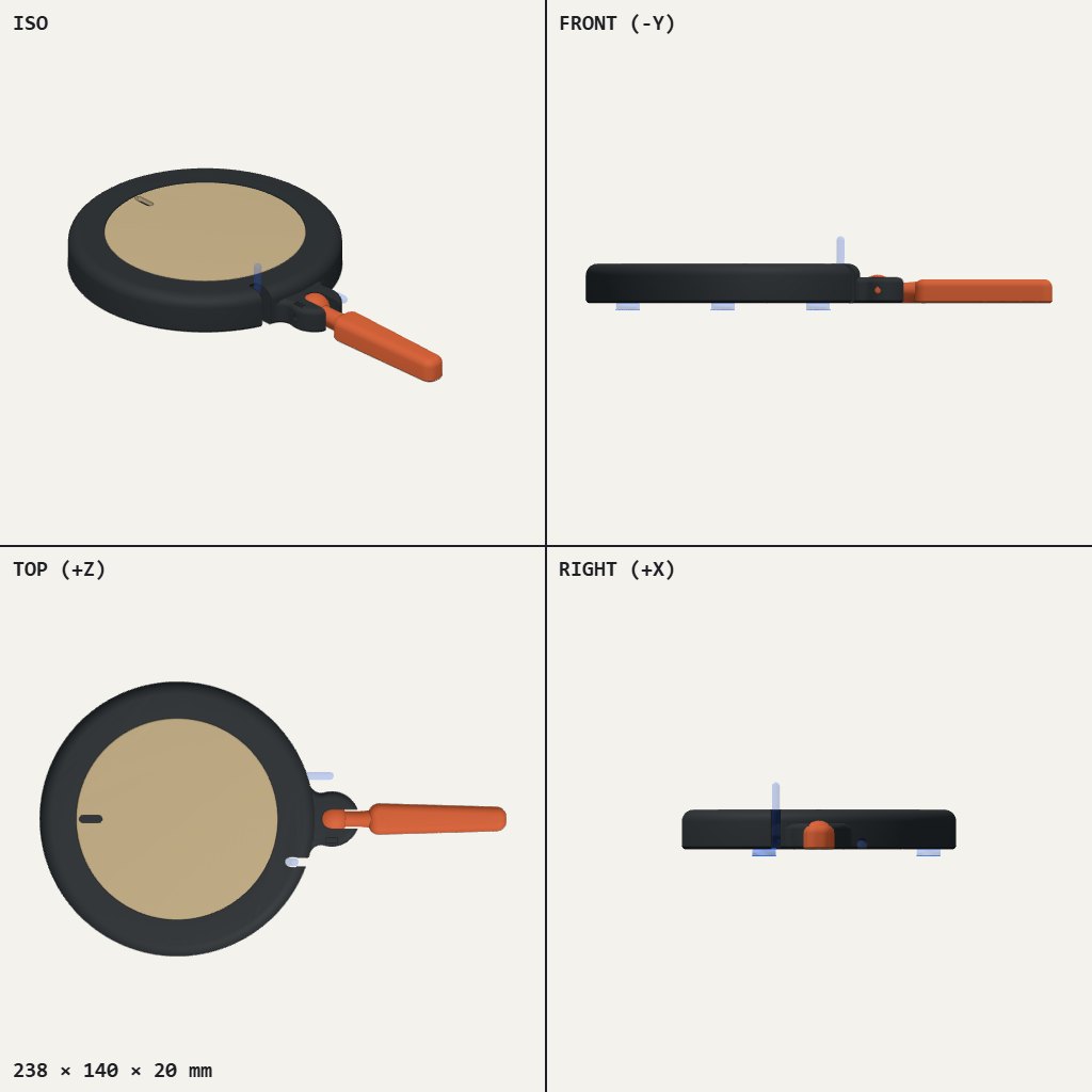 Round dark lamp base with a tan top disc and an orange arm reaching out from one side