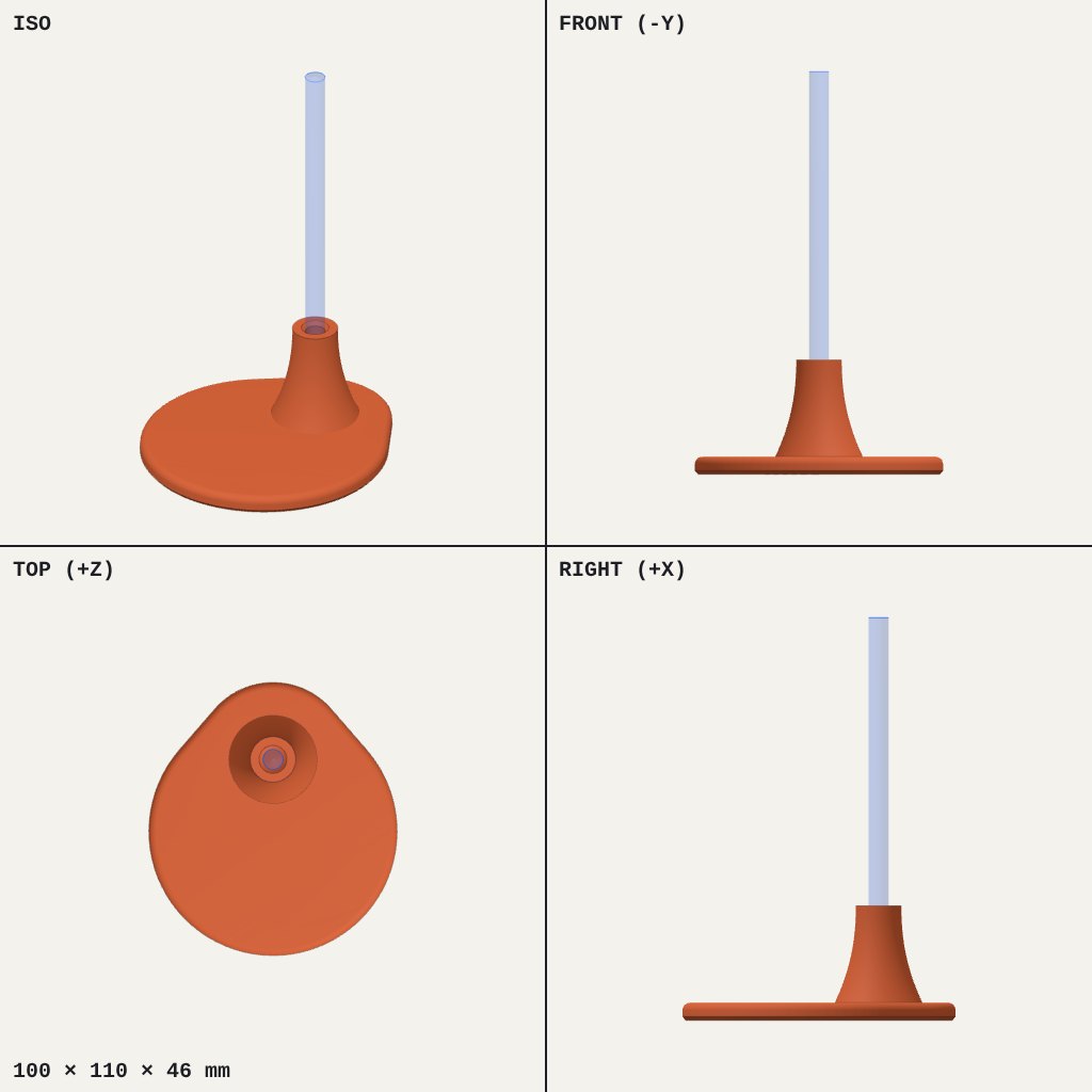Flat rounded orange pad with a flared socket in the middle holding a thin upright stick