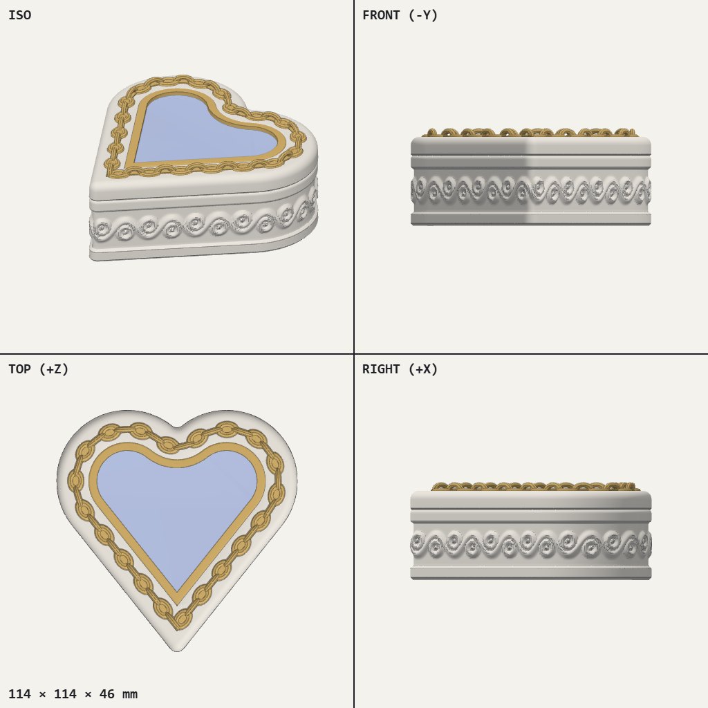 Heart-shaped lidded box with a gold chain border, a pale blue inset panel and scrolls around the base