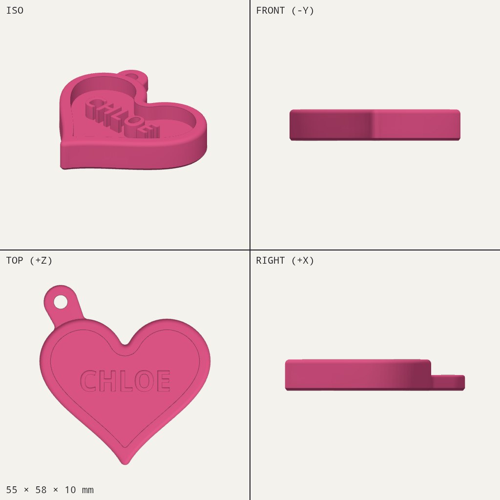Pink heart keychain with raised CHLOE lettering, a raised rim and a small loop at the top left