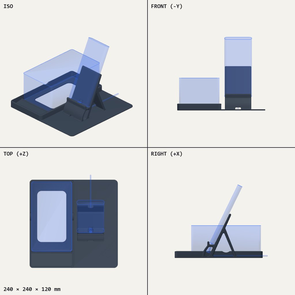 Flat square base with a recessed printer tray on one side and a tilted phone stand on the other